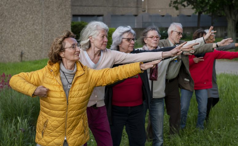 Ältere Menschen praktizieren Yogaübungen im Freien