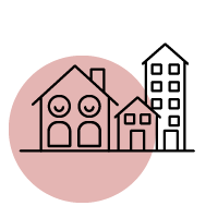 Abbildung von 3 Häusern suggeriert zu Hause